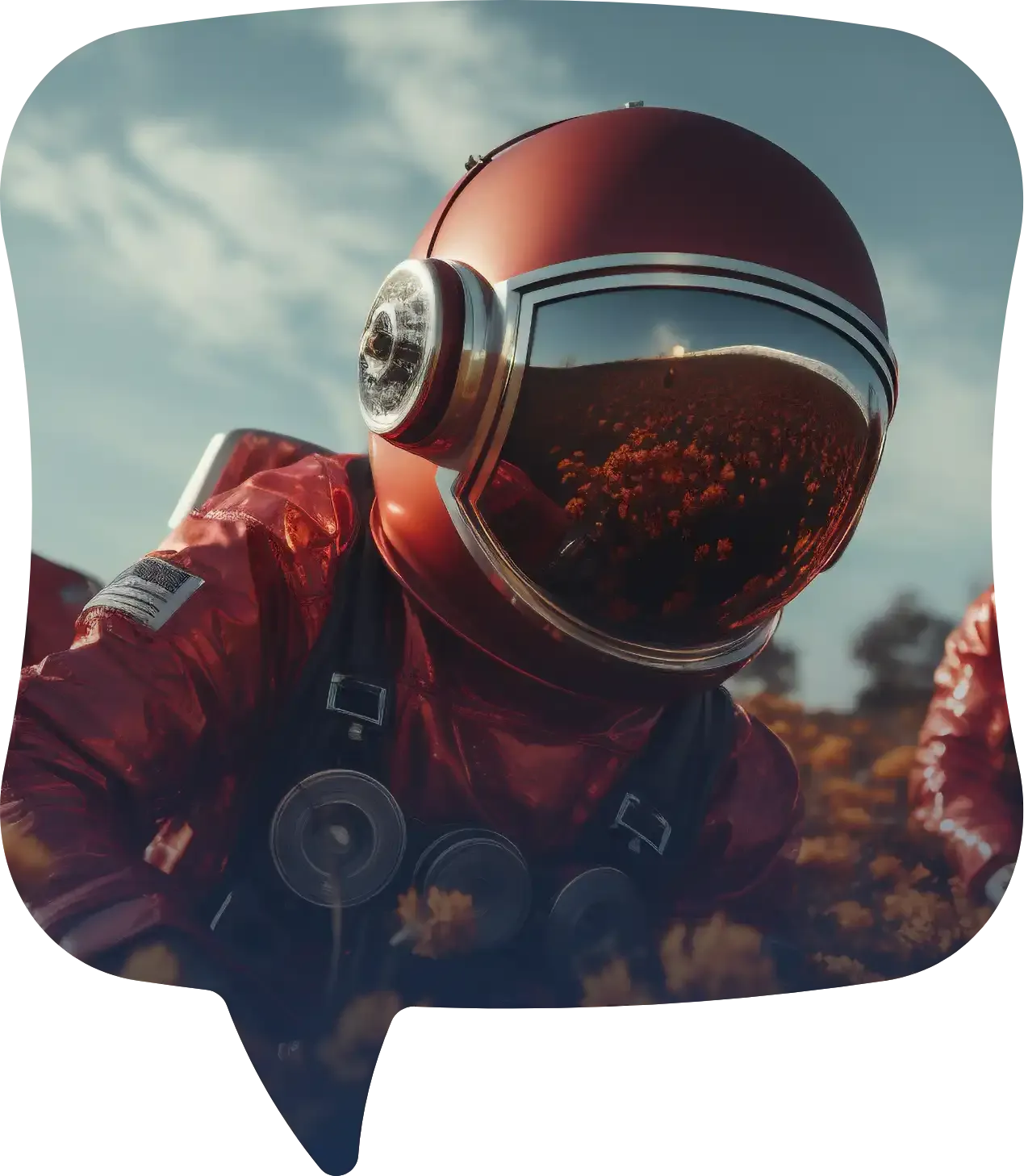 An astronaut in a crimson spacesuit walks through a field of yellow flowers