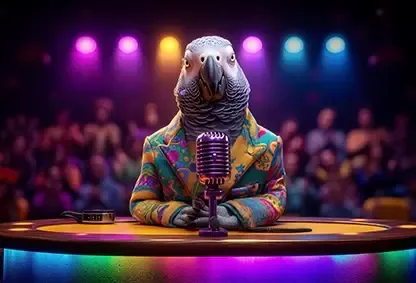 A parrot in a colorful patterned suit sits at a vintage microphone on a stage