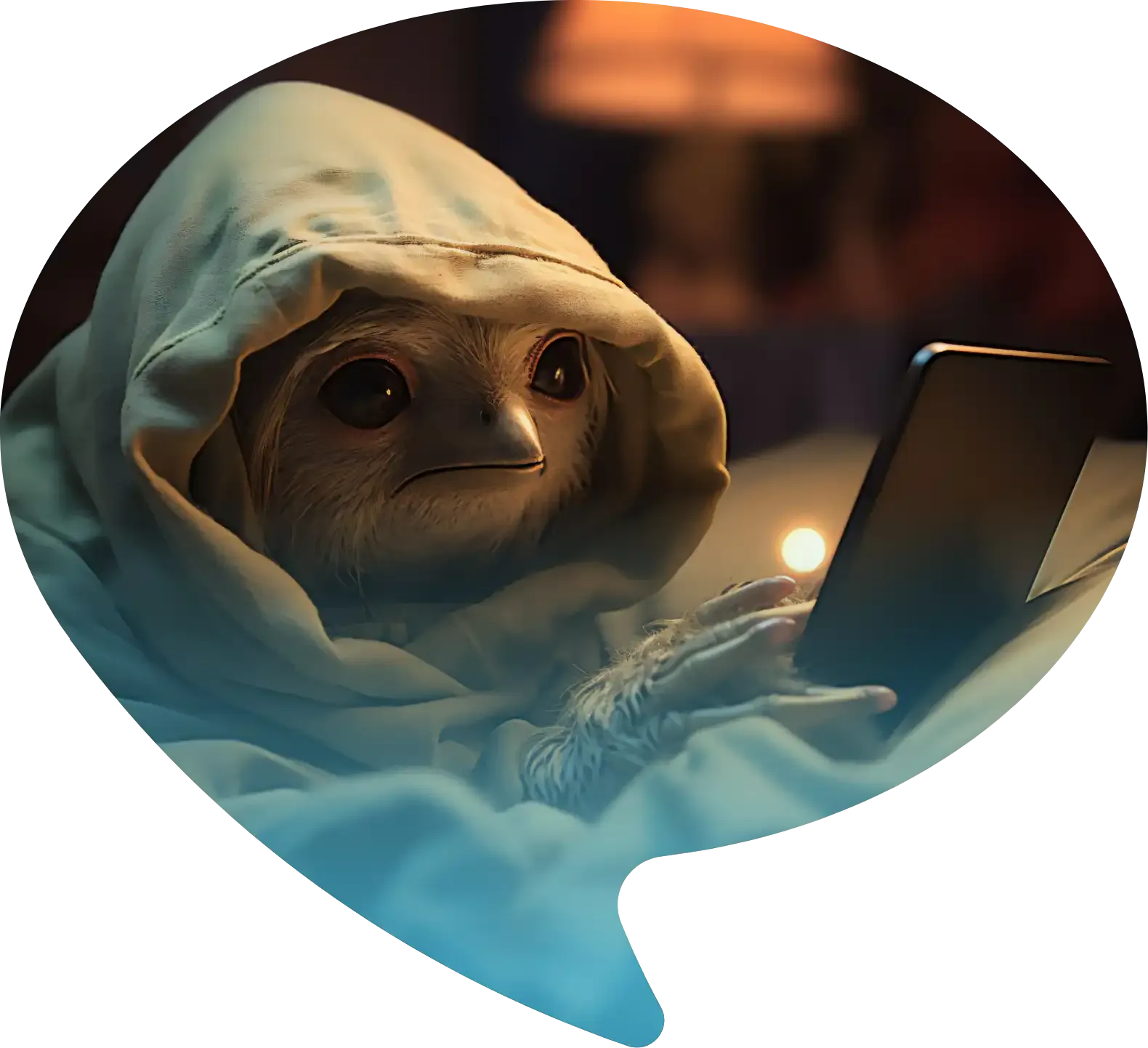 A comfortable young bird in a hooded robe scrolls its device