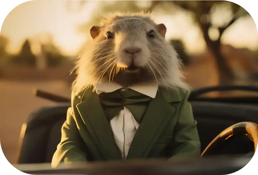A handsome groundhog in a dark green suit poses for a golden-hour portrait