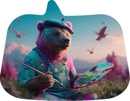 A bear in a beret and paint-splattered overalls holds a palette in a mountain meadow