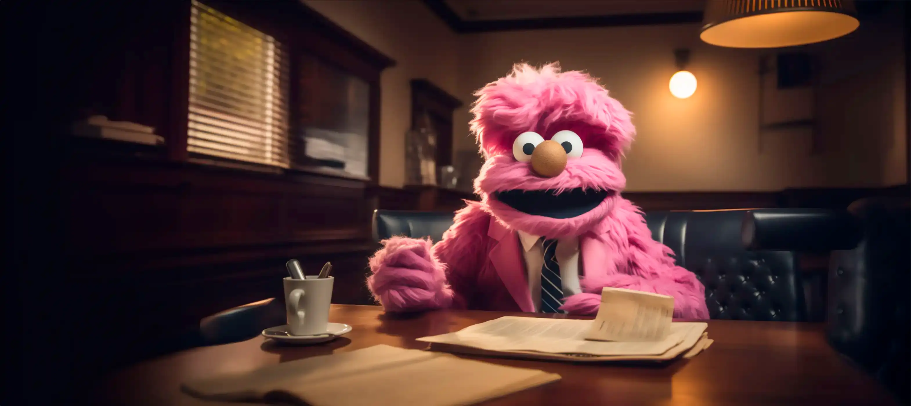 A fluffy pink monster in a suit and tie sits at a desk with a coffee and a stack of papers