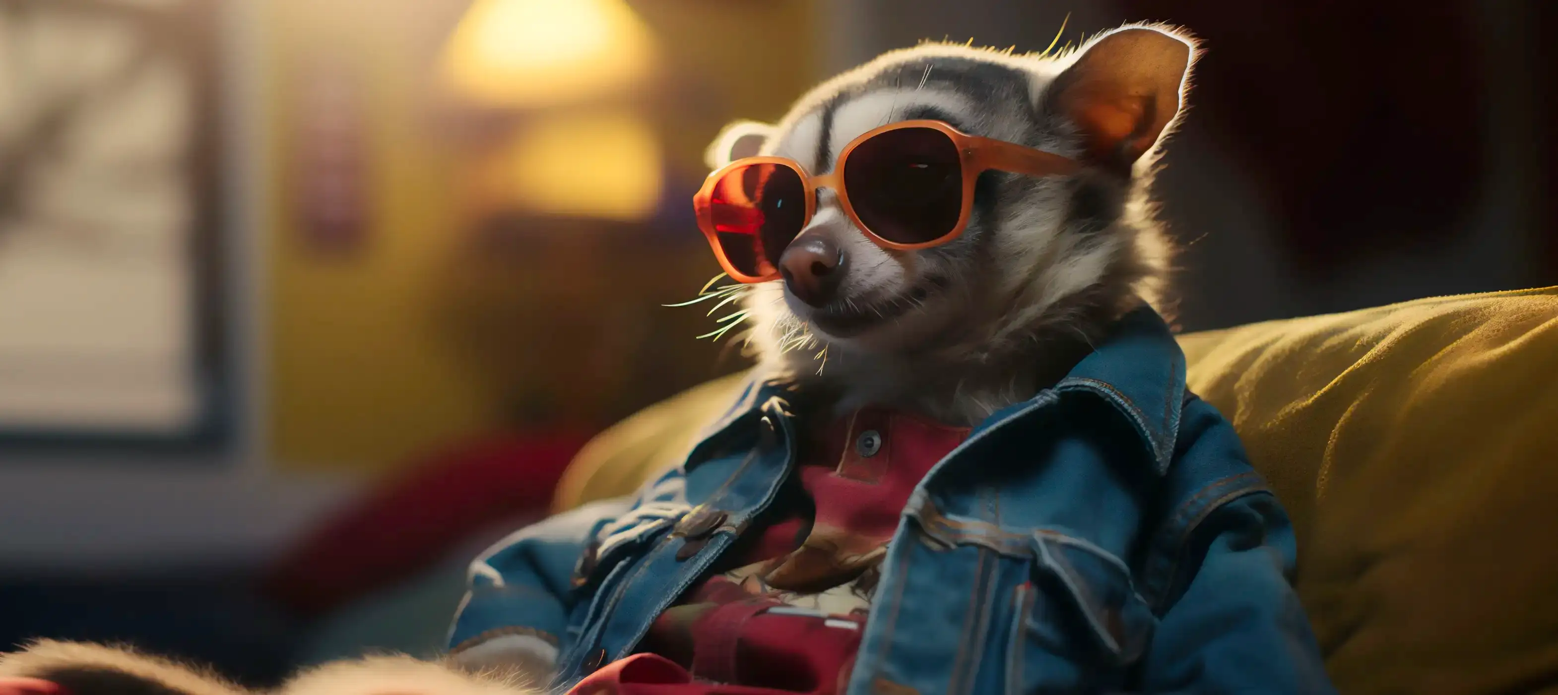 A raccoon in orange sunglasses and a denim jacket relaxes on a yellow sofa, seen from the side