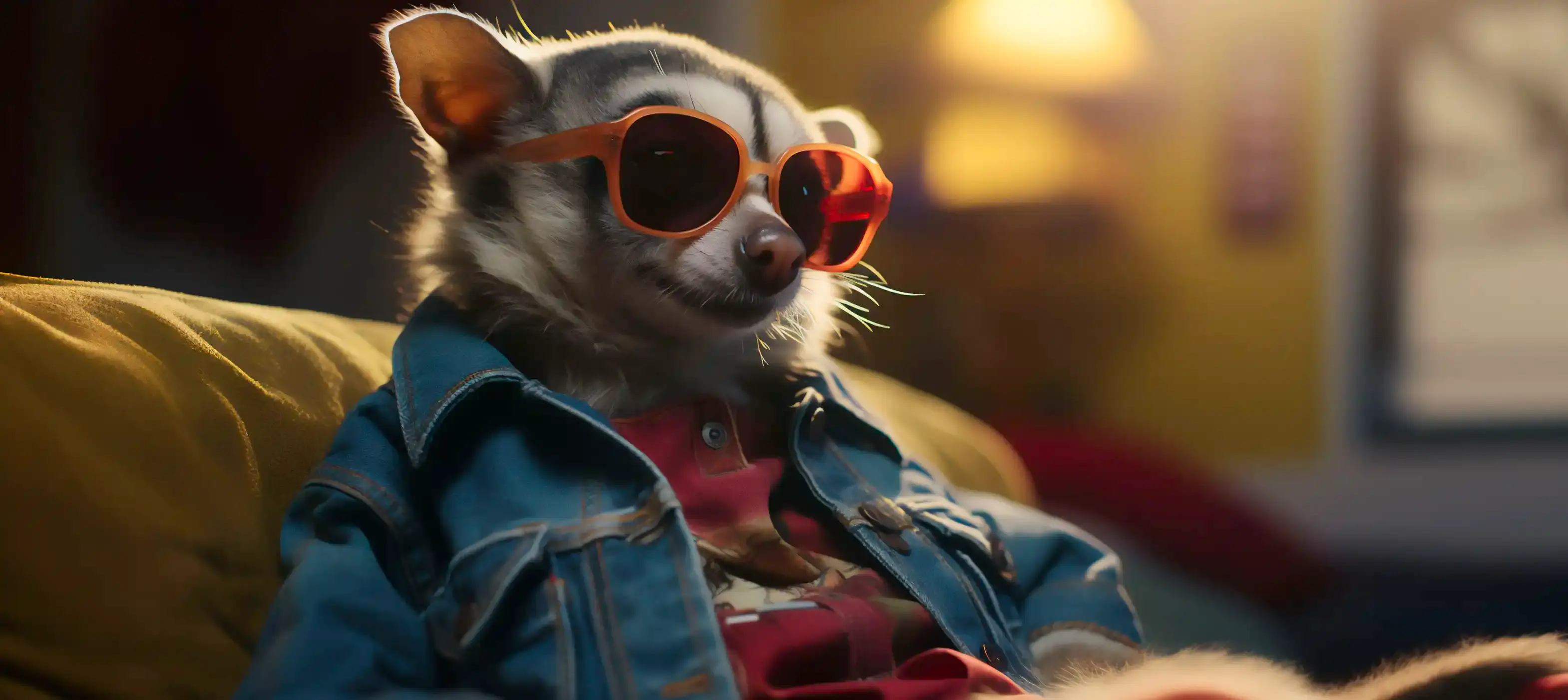 A raccoon in orange sunglasses and a denim jacket relaxes on a yellow sofa