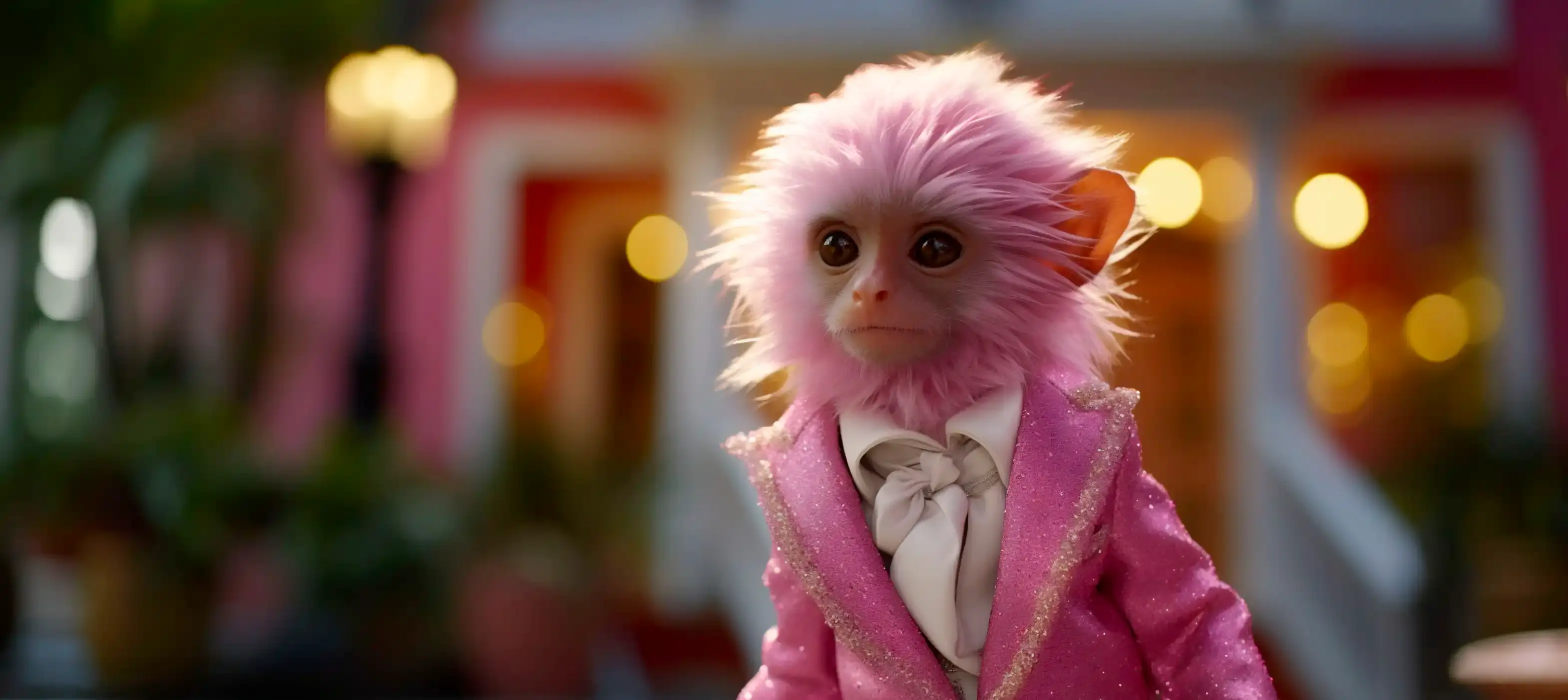 A fluffy pink monkey in a sparkly pink tuxedo and bow tie in front of a lit-up house