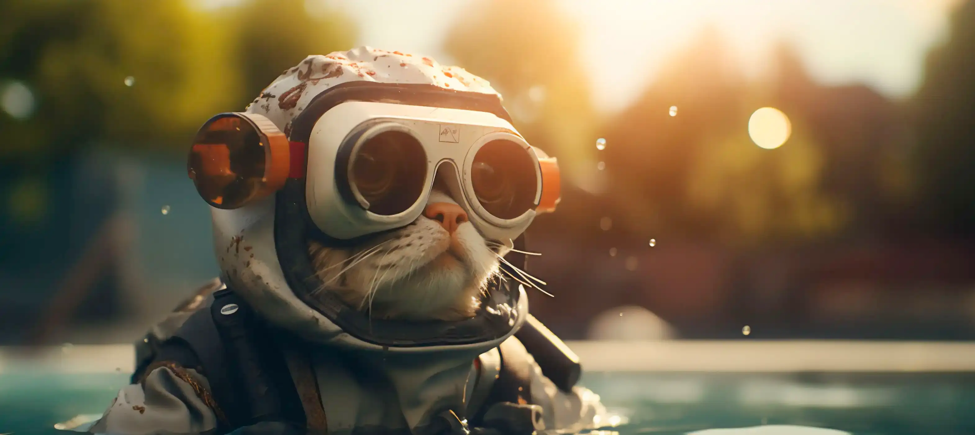 A cat in a swim cap and goggles peeks out of a swimming pool