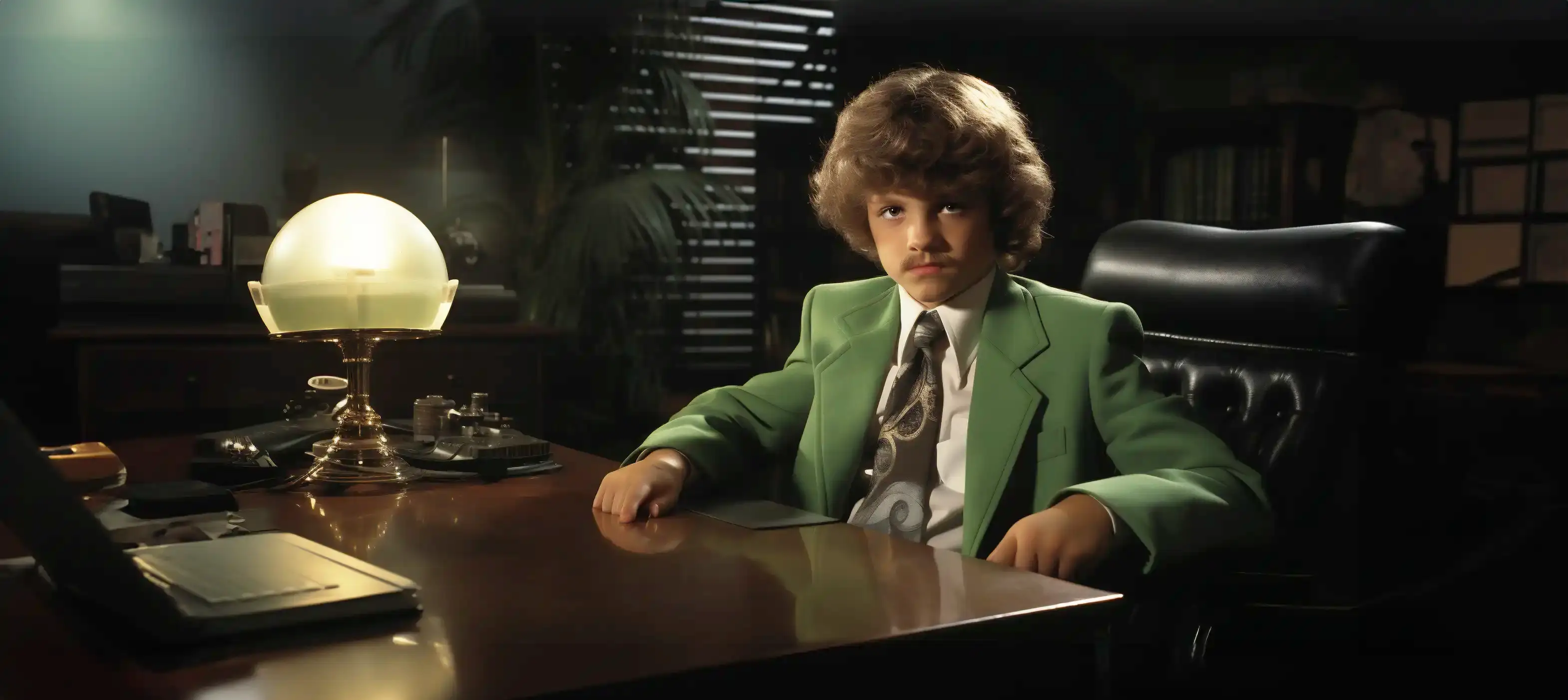 Un niño con traje verde y bigote pintado sentado tras un gran escritorio de director