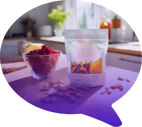 Eine Tüte Trockenfrüchte neben einer Schale Himbeeren auf einer Küchentheke