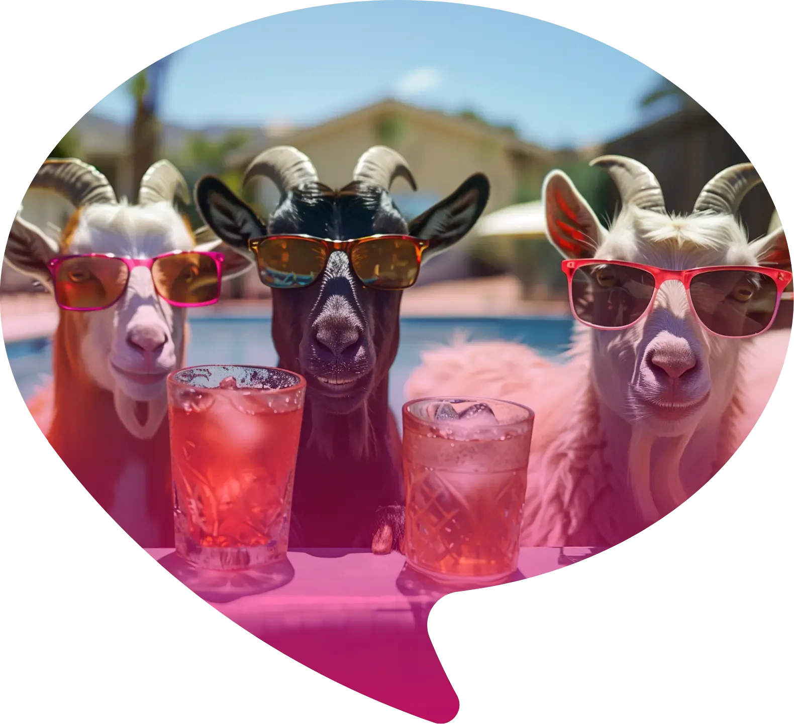 Drei Ziegen mit Sonnenbrillen posieren mit rosa Drinks an einem Pool