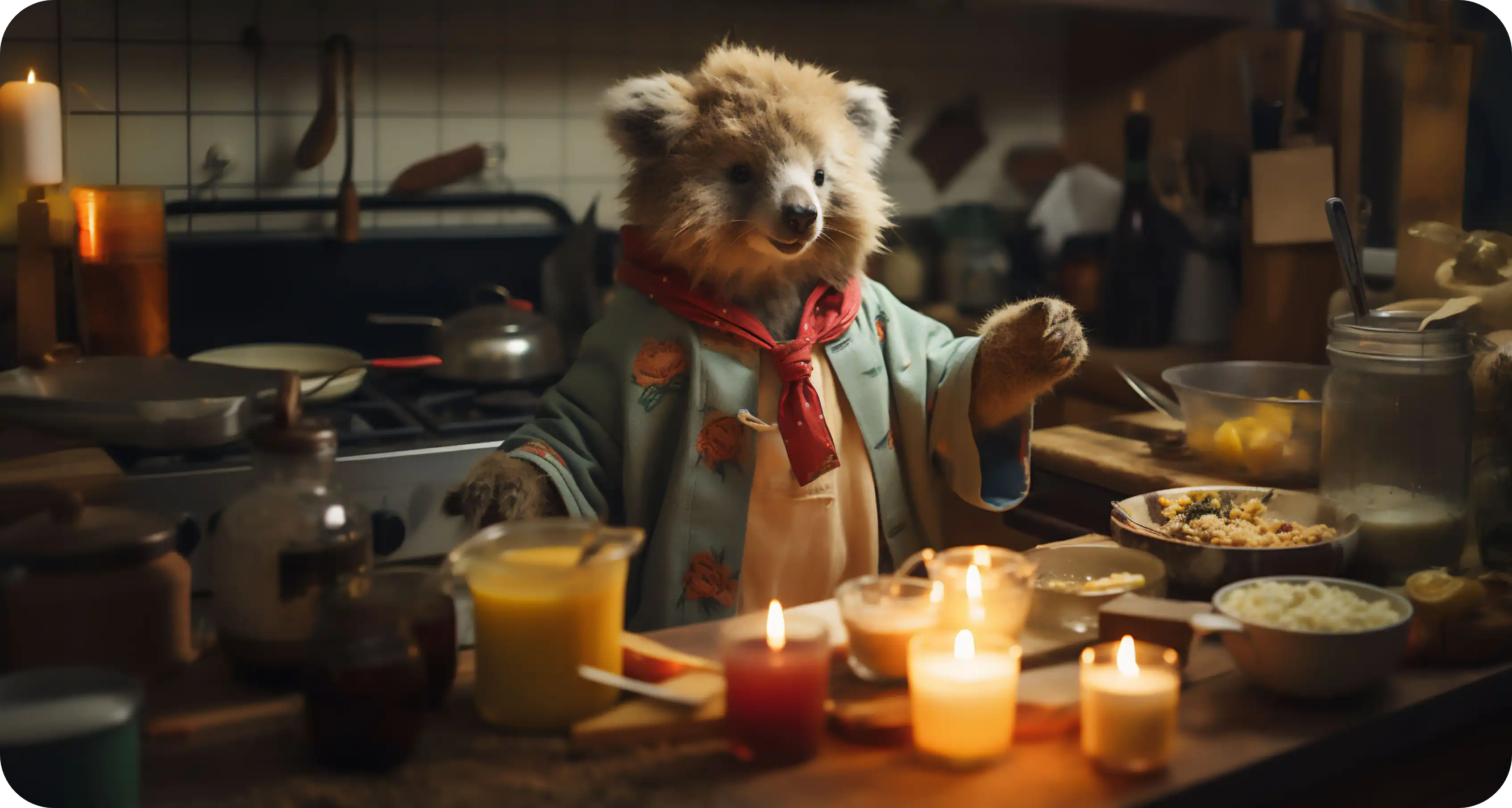 A cute woodland creature cooks a meal by candlelight