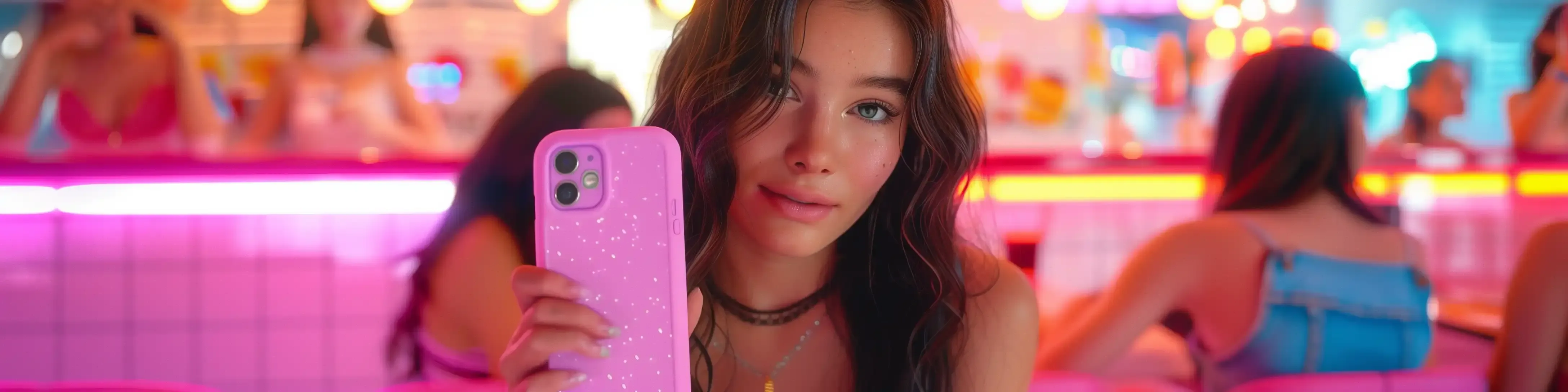 Una adolescente se hace un selfi con un móvil rosa brillante en una cafetería iluminada con neón