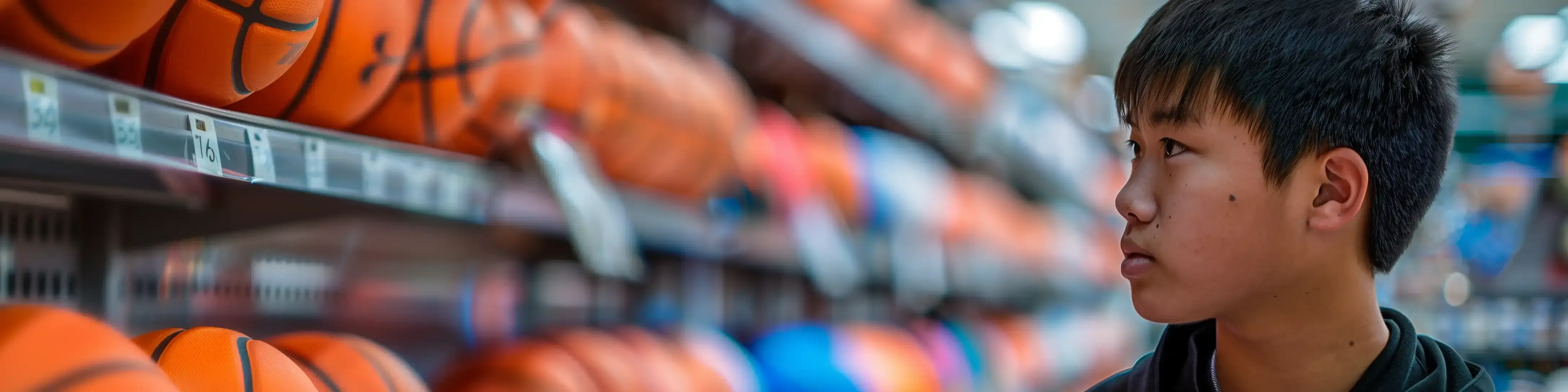 Un adolescente mira una pared de balones de baloncesto en una tienda de deportes