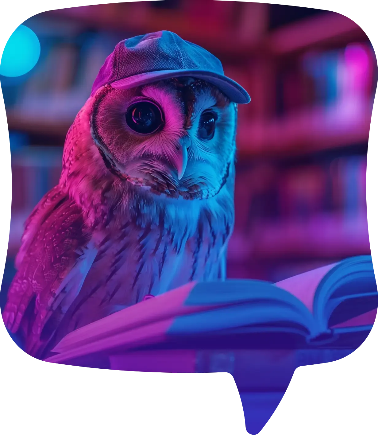 Un búho con gorra de béisbol lee un libro en una biblioteca iluminada con neón